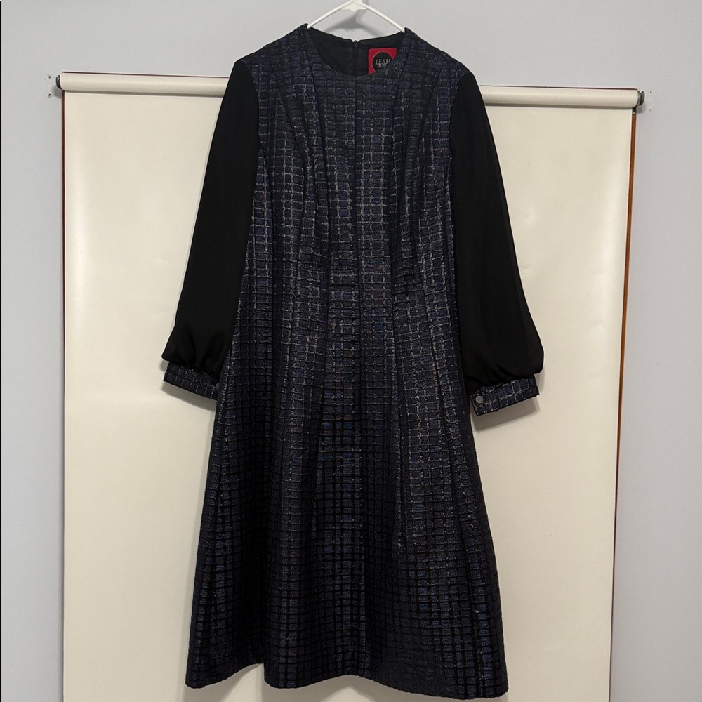 Textured Navy A-Line Dress with Black Bishop Sleeves